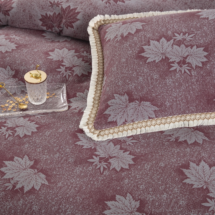 91家纺网 家纺一手货源 找家纺 鲁爱 2025新款全棉色织双层纱布流苏款四件套 秋韵-豆沙