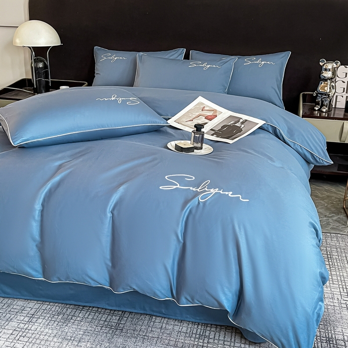 91家纺网 家纺一手货源 找家纺 一帆毯业 2024新款全棉纯色刺绣麻绳滚边四件套 宾利蓝