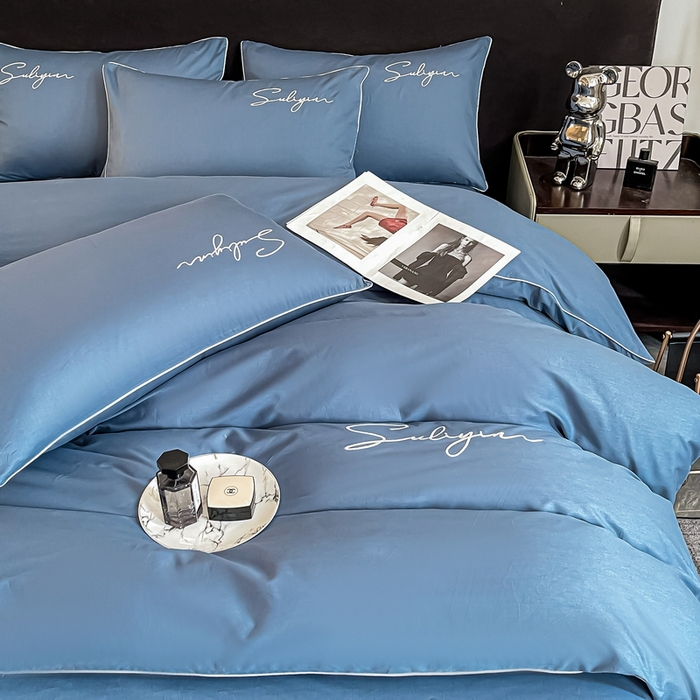 91家纺网 家纺一手货源 找家纺 一帆毯业 2024新款全棉纯色刺绣麻绳滚边四件套 宾利蓝