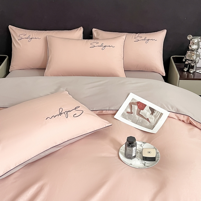 91家纺网 家纺一手货源 找家纺 一帆毯业 2024新款全棉纯色刺绣麻绳滚边四件套 玫瑰粉+浅灰