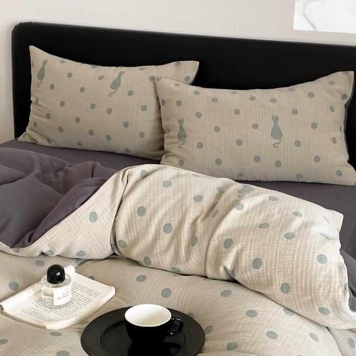 91家纺网 家纺一手货源 找家纺 赫帛 2024新款A类全棉色织三层纱水洗棉四件套-波点猫 波点猫-绿色