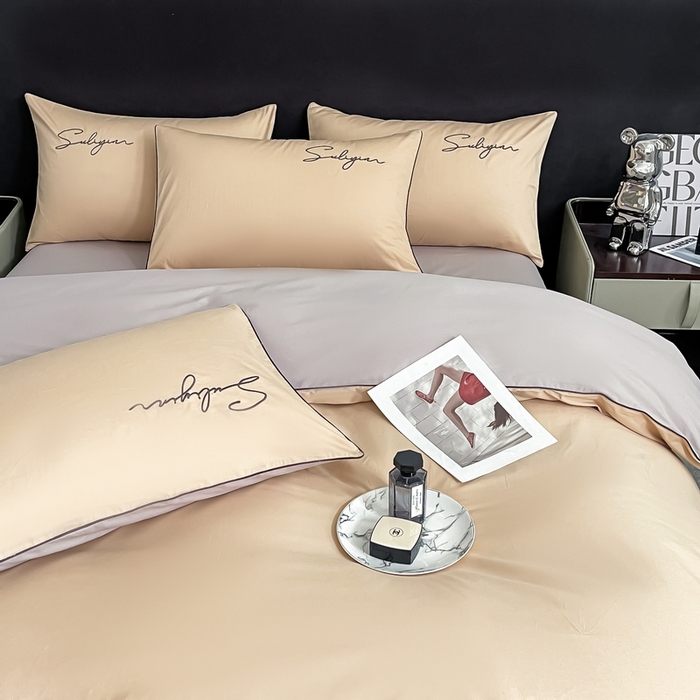 91家纺网 家纺一手货源 找家纺 一帆毯业 2024新款全棉纯色刺绣麻绳滚边四件套 奶茶+山灰