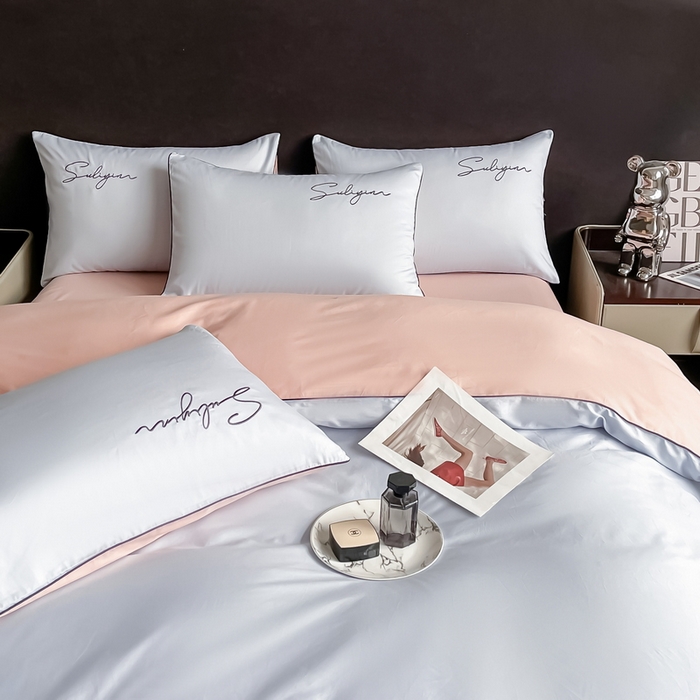 91家纺网 家纺一手货源 找家纺 一帆毯业 2024新款全棉纯色刺绣麻绳滚边四件套 天空蓝+玫瑰粉