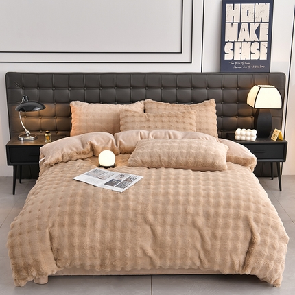 爱上家居 2024新款亲肤舒适纯色兔兔绒牛奶绒四件套 驼色