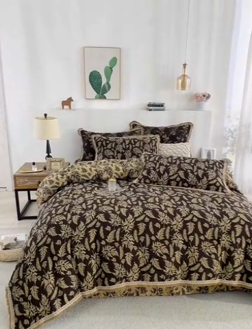 91家纺网 家纺一手货源 找家纺 鲁爱 2025新款全棉色织双层纱布流苏款四件套 扶苏-深咖