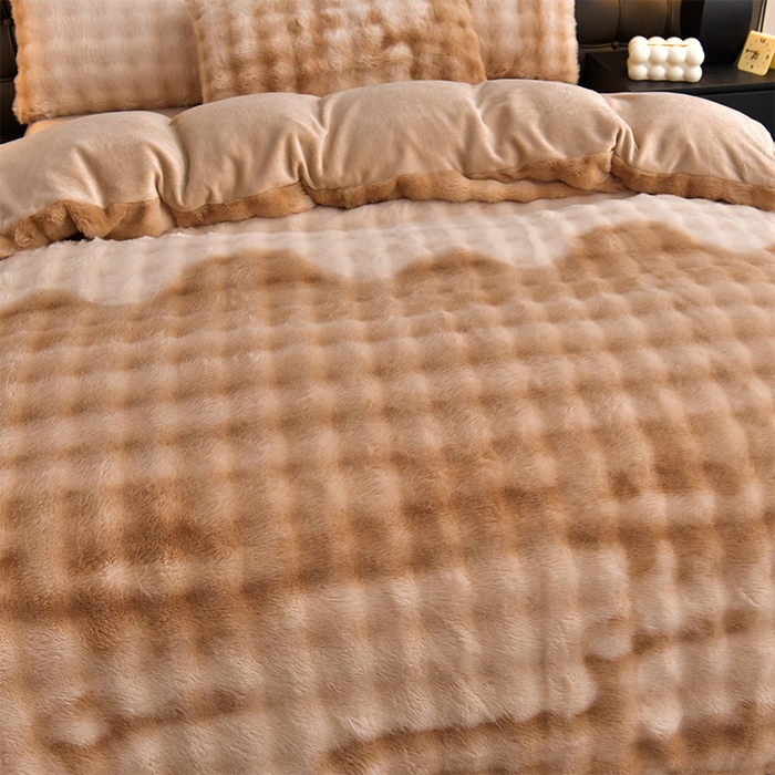 91家纺网 家纺一手货源 找家纺 爱上家居 2024新款AB版兔兔绒牛奶绒四件套 驼色