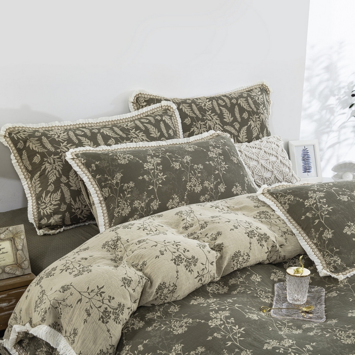 91家纺网 家纺一手货源 找家纺 鲁爱 2025新款全棉色织双层纱布流苏款四件套 惊鸿-绿