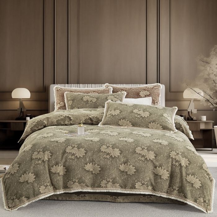 91家纺网 家纺一手货源 找家纺 鲁爱 2025新款全棉色织双层纱布流苏款四件套 秋韵-绿