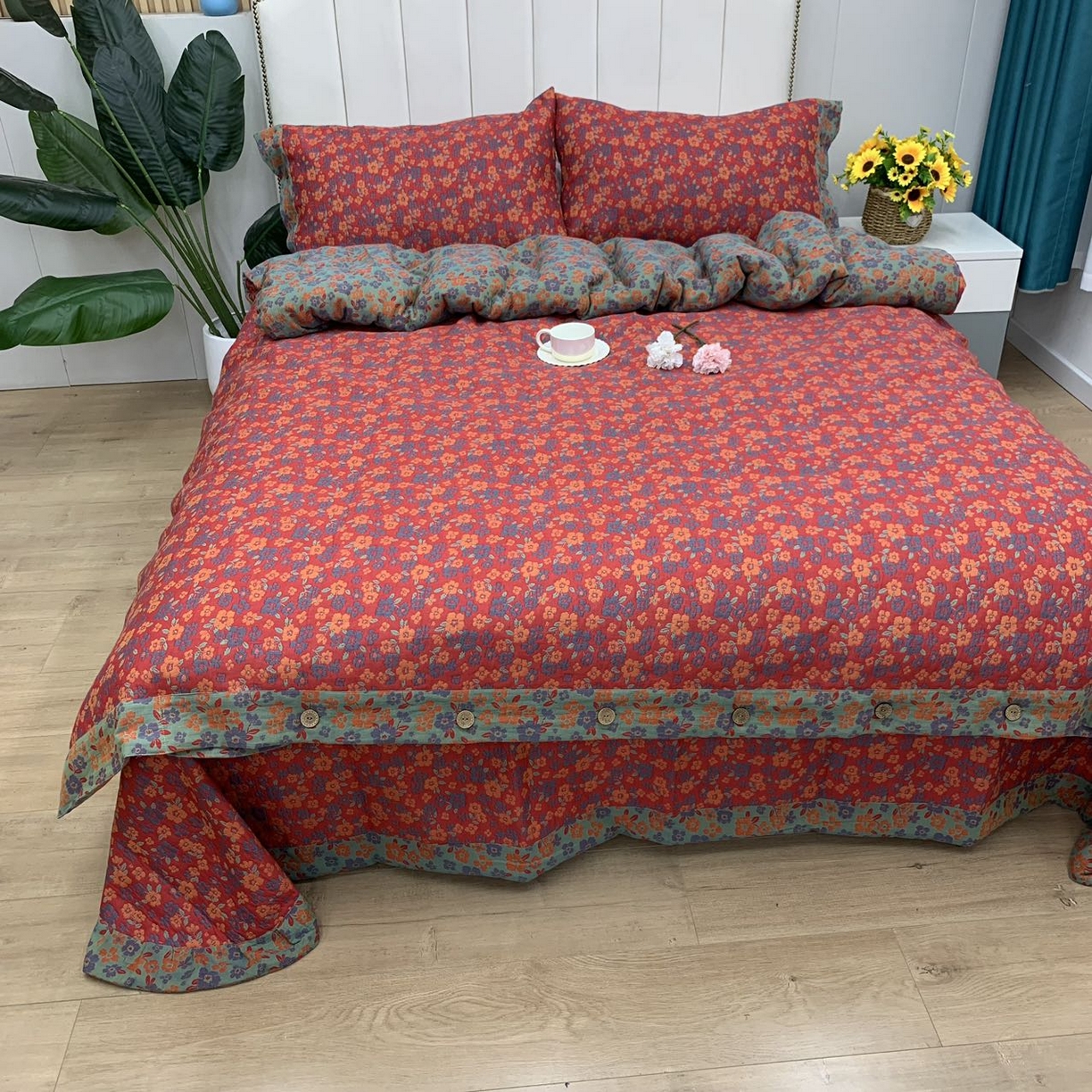 91家纺网 家纺一手货源 找家纺 鲁爱 2025新款三层纱床盖款四件套 清新之歌-红