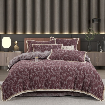 鲁爱 2025新款全棉色织双层纱布流苏款四件套 云影-豆沙