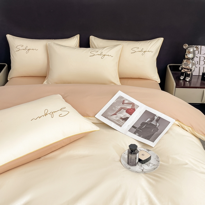 91家纺网 家纺一手货源 找家纺 一帆毯业 2024新款全棉纯色刺绣麻绳滚边四件套 奶昔白+奶茶