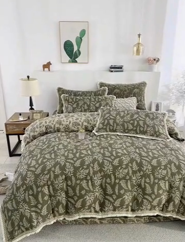 91家纺网 家纺一手货源 找家纺 鲁爱 2025新款全棉色织双层纱布流苏款四件套 扶苏-绿