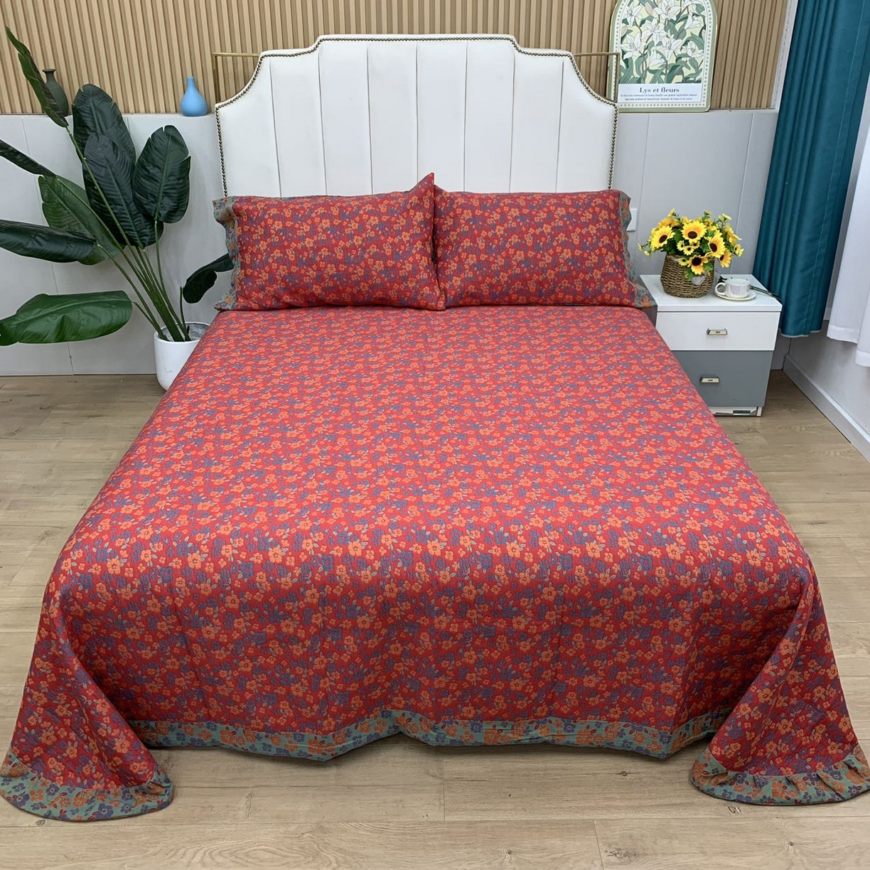 91家纺网 家纺一手货源 找家纺 鲁爱 2025新款三层纱床盖款四件套 清新之歌-红