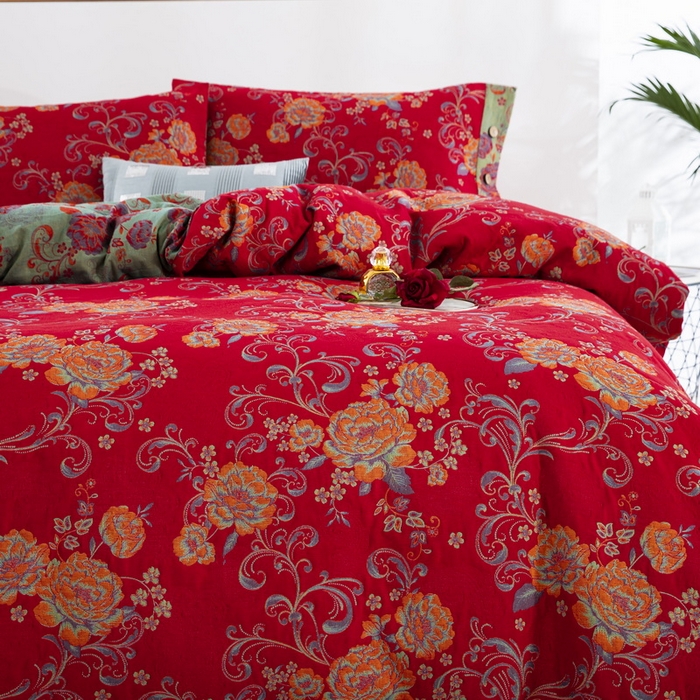 91家纺网 家纺一手货源 找家纺 鲁爱 2025新款三层纱床盖款四件套 陌上花开-红