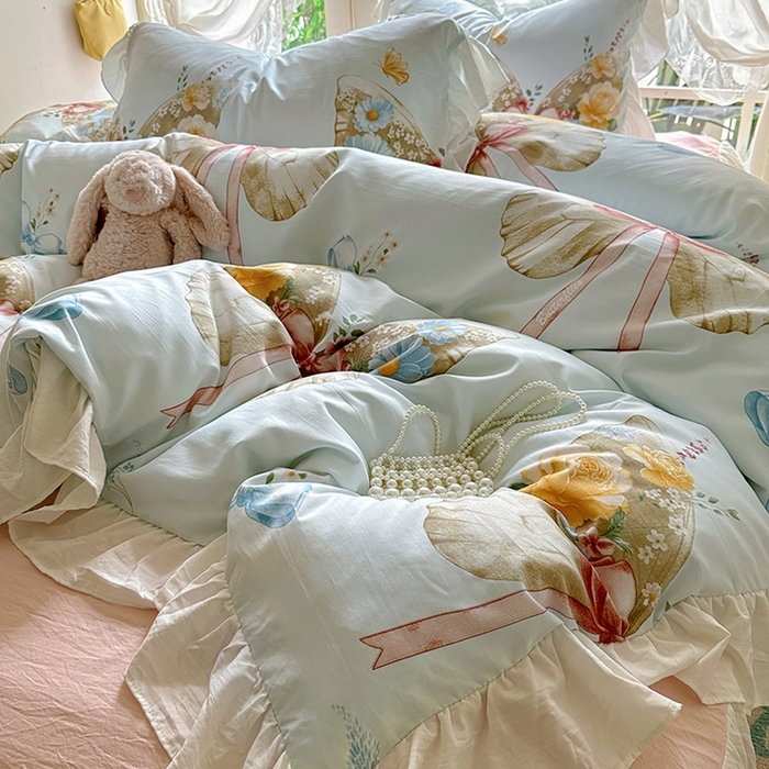 91家纺网 家纺一手货源 找家纺 阿曼达 2024新款ins博主风法式南法风浪漫系列花边款印花水洗m四件套 南法风-蝶恋花溪