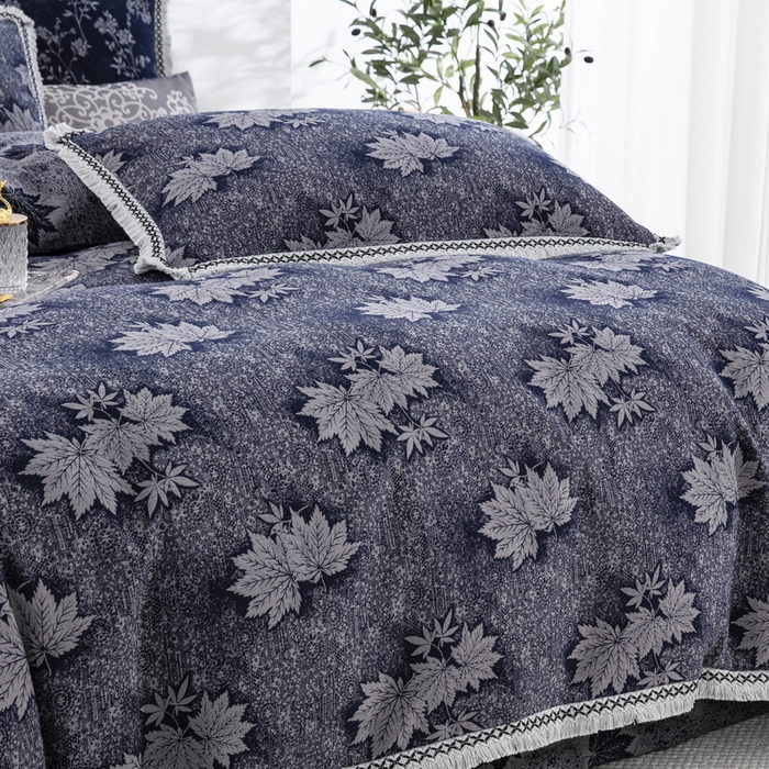 91家纺网 家纺一手货源 找家纺 鲁爱 2025新款全棉色织双层纱布流苏款四件套 秋韵-深兰