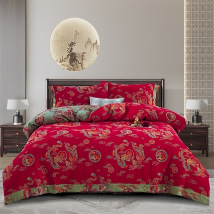91家纺网 家纺一手货源 找家纺 鲁爱 2025新款三层纱床盖款四件套 龙凤呈祥-正红