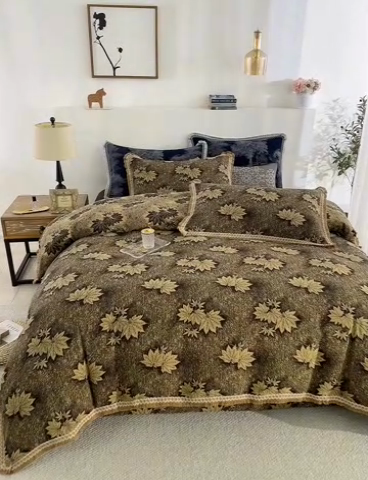 91家纺网 家纺一手货源 找家纺 鲁爱 2025新款全棉色织双层纱布流苏款四件套 秋韵-深咖