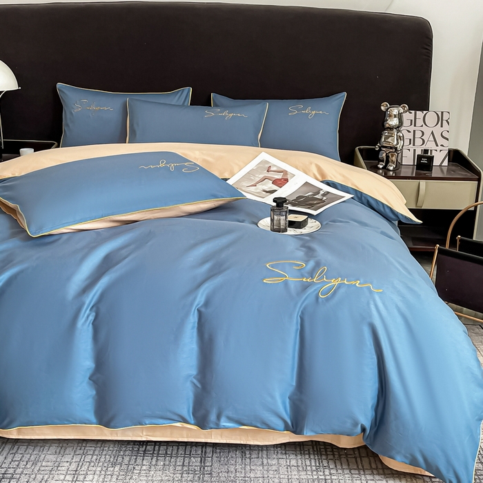 91家纺网 家纺一手货源 找家纺 一帆毯业 2024新款全棉纯色刺绣麻绳滚边四件套 宾利蓝奶茶