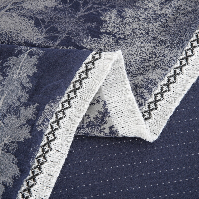 91家纺网 家纺一手货源 找家纺 鲁爱 2025新款全棉色织双层纱布流苏款四件套 漫步森林-深兰