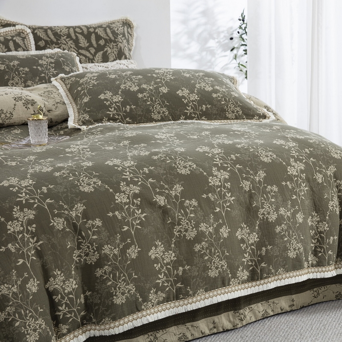 91家纺网 家纺一手货源 找家纺 鲁爱 2025新款全棉色织双层纱布流苏款四件套 惊鸿-绿