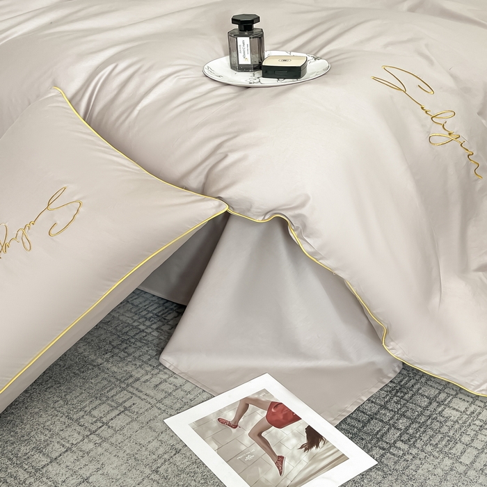 91家纺网 家纺一手货源 找家纺 一帆毯业 2024新款全棉纯色刺绣麻绳滚边四件套 山灰