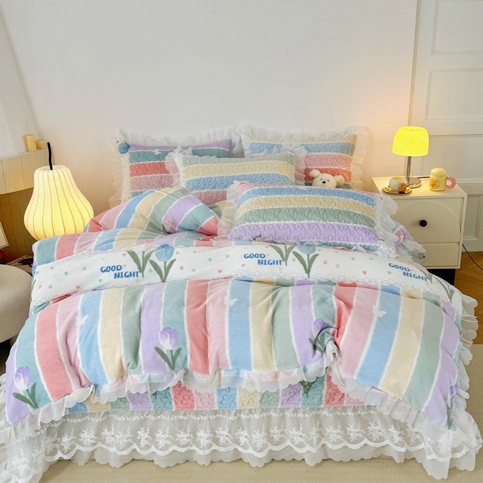 91家纺网 家纺一手货源 找家纺 添越 2024新款牛奶绒夹棉床盖三件套四件套 彩虹郁金香