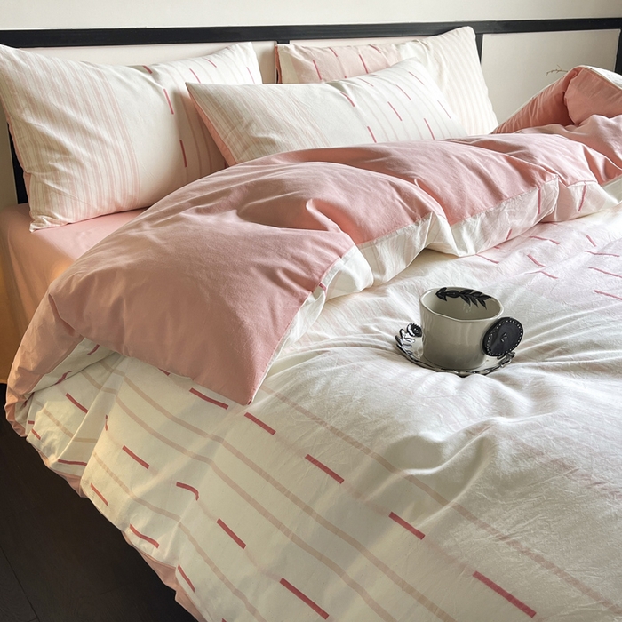 91家纺网 家纺一手货源 找家纺 雅居纺家纺 2024新款100%全棉简约提花四件套 如初-粉