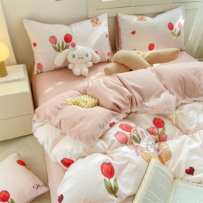 91家纺网 家纺一手货源 找家纺 2024直播热款水洗云朵棉四件套美式碎花简约风床单单品单被套  花园兔子