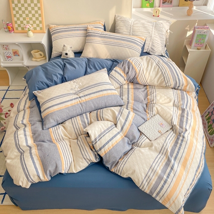 雅居纺家纺 2024新款100%全棉简约提花四件套 简希-深蓝