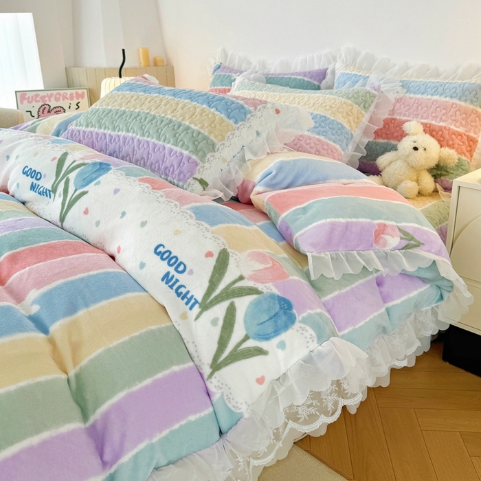 91家纺网 家纺一手货源 找家纺 添越 2024新款牛奶绒夹棉床盖三件套四件套 彩虹郁金香