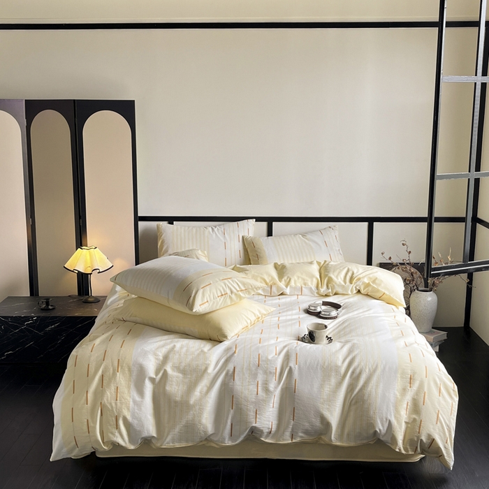 91家纺网 家纺一手货源 找家纺 雅居纺家纺 2024新款100%全棉简约提花四件套 如初-黄