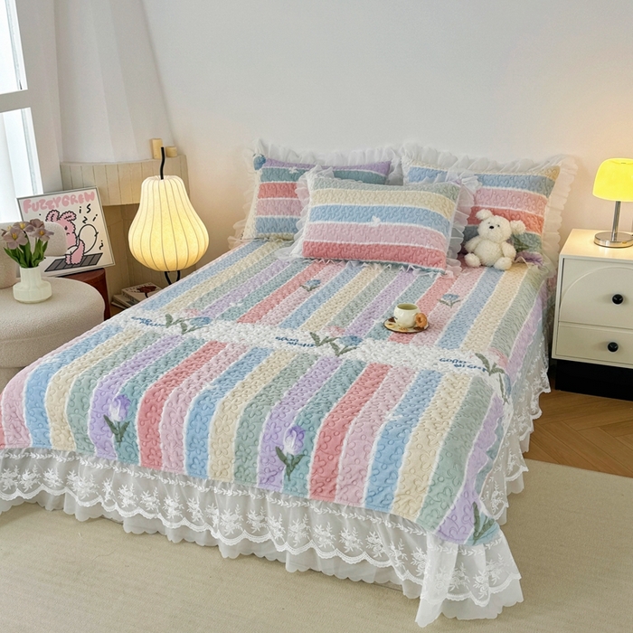 91家纺网 家纺一手货源 找家纺 添越 2024新款牛奶绒夹棉床盖三件套四件套 彩虹郁金香