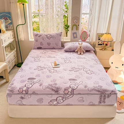 91家纺网 家纺一手货源 找家纺 悦织湾家纺 2025新款加厚雪花绒印花床笠保暖牛奶绒床笠跨境专供外贸出口电商直播热销款 雪花绒床笠-小紫奶兔