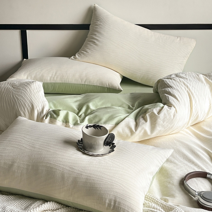 91家纺网 家纺一手货源 找家纺 雅居纺家纺 2024新款100%全棉三层纱提花四件套 波浪条