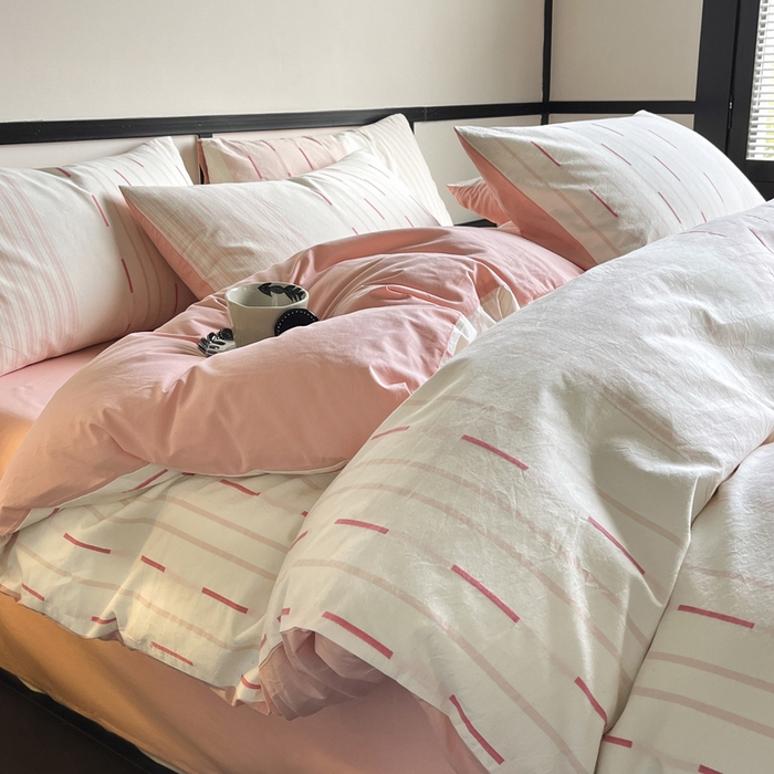 91家纺网 家纺一手货源 找家纺 雅居纺家纺 2024新款100%全棉简约提花四件套 如初-粉