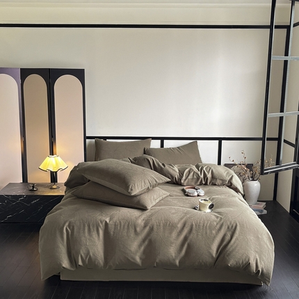 雅居纺家纺 2024新款100%全棉三层纱提花四件套 树叶咖