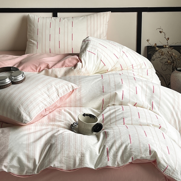 91家纺网 家纺一手货源 找家纺 雅居纺家纺 2024新款100%全棉简约提花四件套 如初-粉