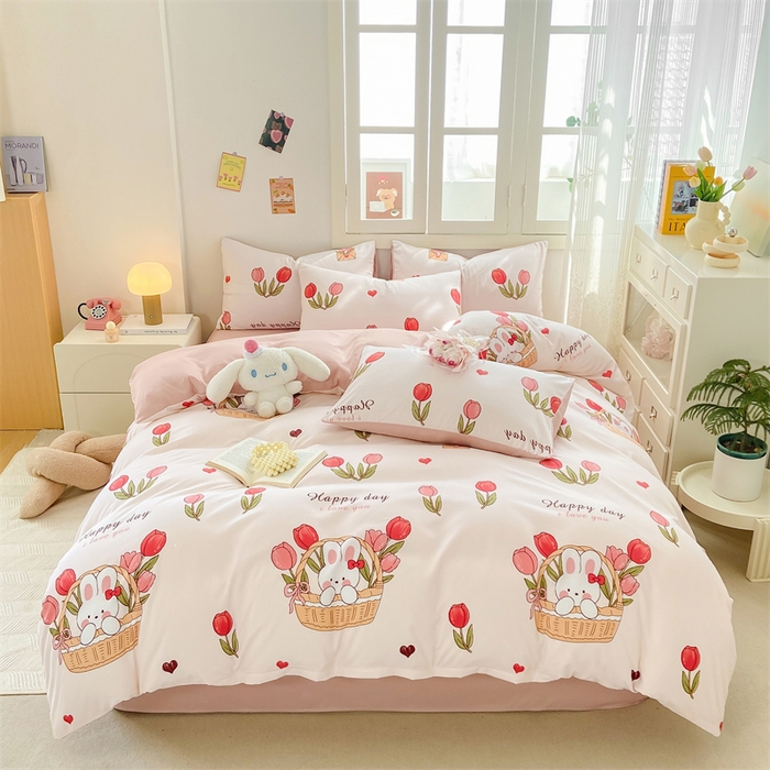 91家纺网 家纺一手货源 找家纺 2024直播热款水洗云朵棉四件套美式碎花简约风床单单品单被套  花园兔子