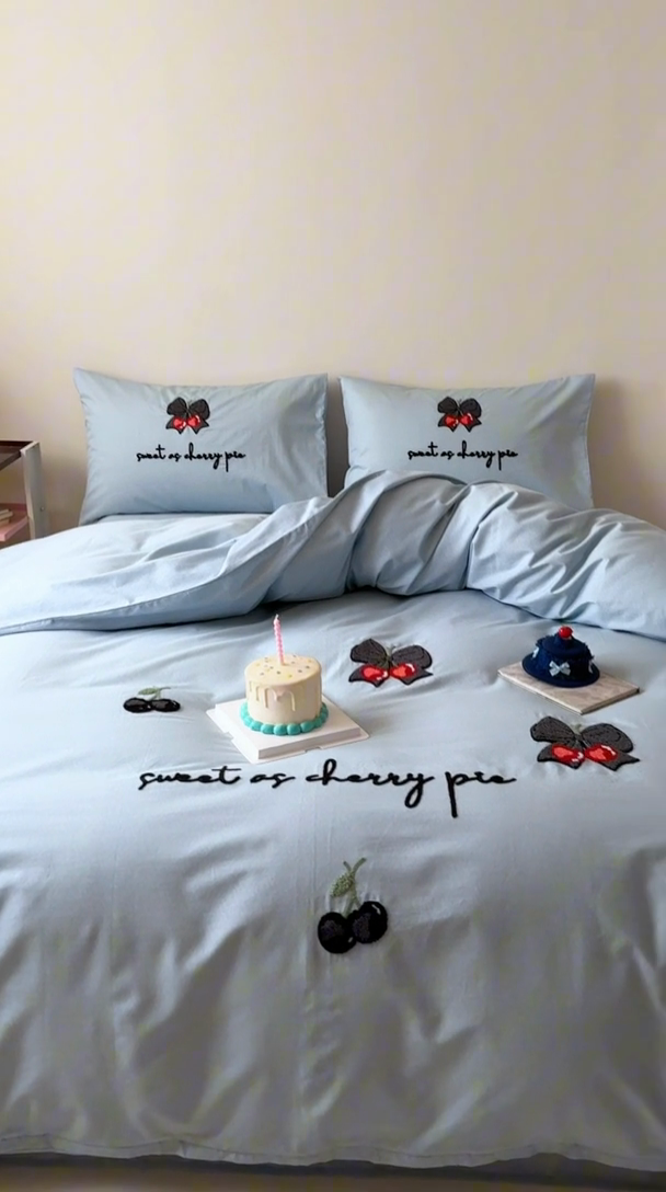 91家纺网 家纺一手货源 找家纺 窝米 2025春季新品40S高定毛巾绣刺绣款四件套-小樱结 小樱结-蓝