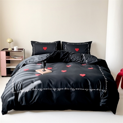 窝米 2025春季新品40支高定毛巾绣刺绣款四件套-Love Love-神秘黑