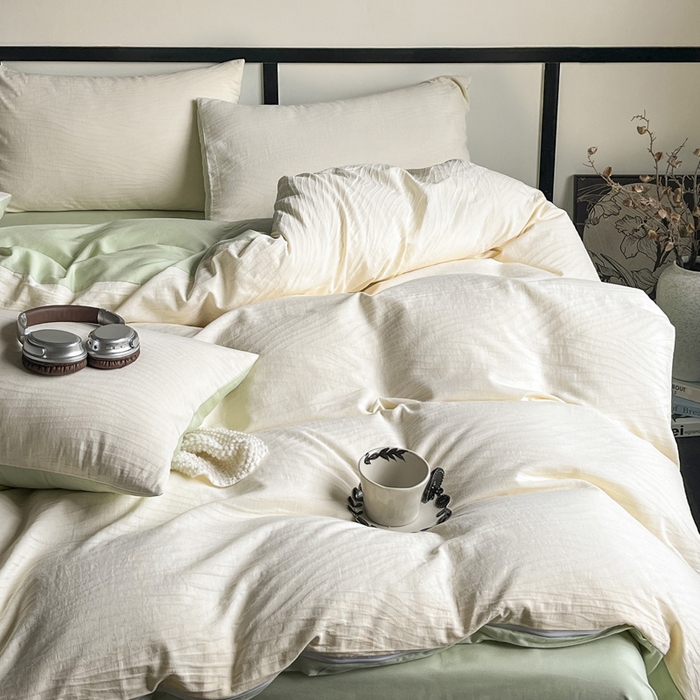 91家纺网 家纺一手货源 找家纺 雅居纺家纺 2024新款100%全棉三层纱提花四件套 波浪条