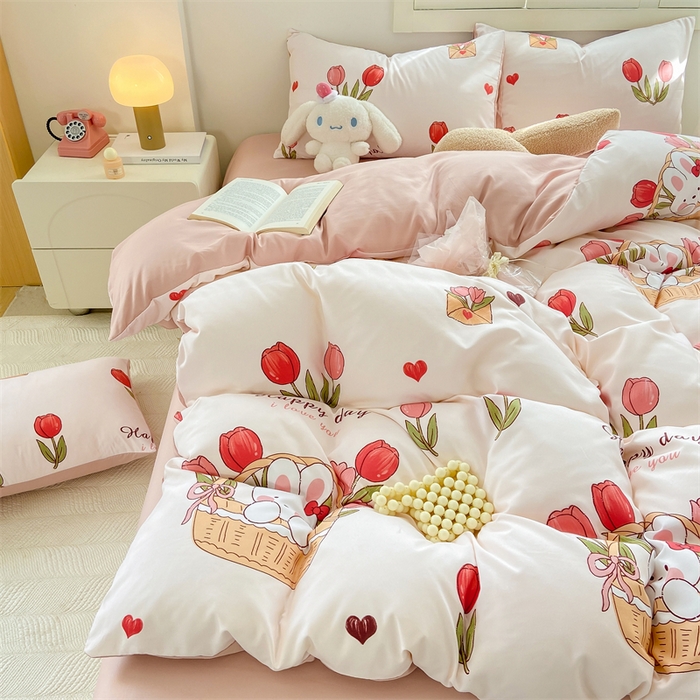 91家纺网 家纺一手货源 找家纺 2024直播热款水洗云朵棉四件套美式碎花简约风床单单品单被套  花园兔子