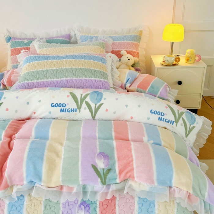 91家纺网 家纺一手货源 找家纺 添越 2024新款牛奶绒夹棉床盖三件套四件套 彩虹郁金香