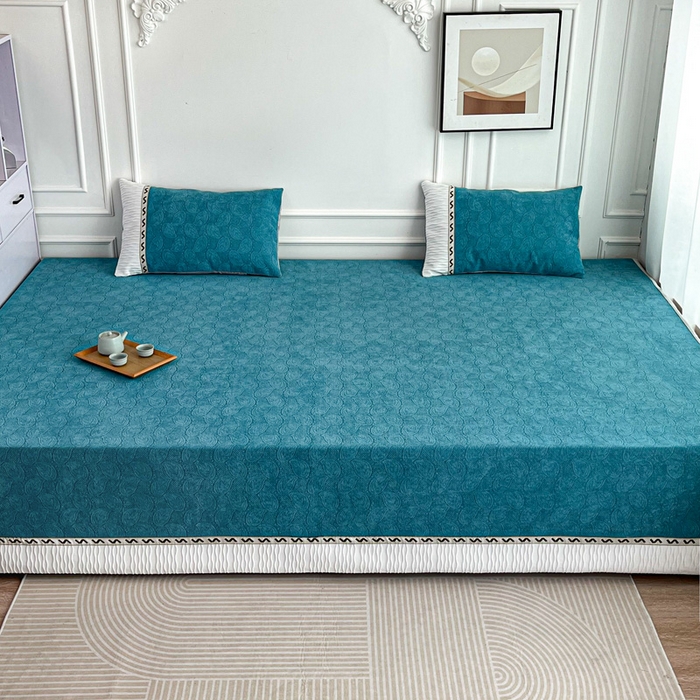 91家纺网 家纺一手货源 找家纺 手艺人家纺 2025新款雪尼尔提花复合炕盖榻榻米炕垫 XK3723蓝