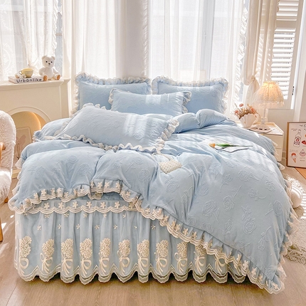 虹星家纺 2024新款雕花夹棉蕾丝牛奶绒床裙四件套-罗马花园 罗马花园 天蓝