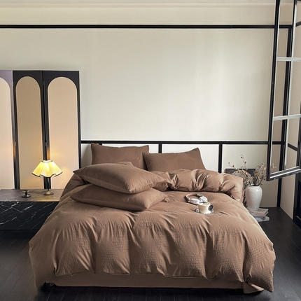 雅居纺家纺 2024新款100%全棉三层纱提花四件套 爱心-咖