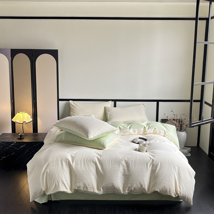 91家纺网 家纺一手货源 找家纺 雅居纺家纺 2024新款100%全棉三层纱提花四件套 波浪条