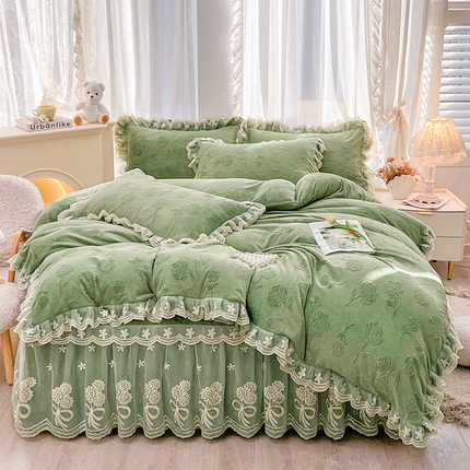 虹星家纺 2024新款雕花夹棉蕾丝牛奶绒床裙四件套-罗马花园 罗马花园 果绿