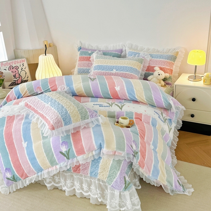 91家纺网 家纺一手货源 找家纺 添越 2024新款牛奶绒夹棉床盖三件套四件套 彩虹郁金香